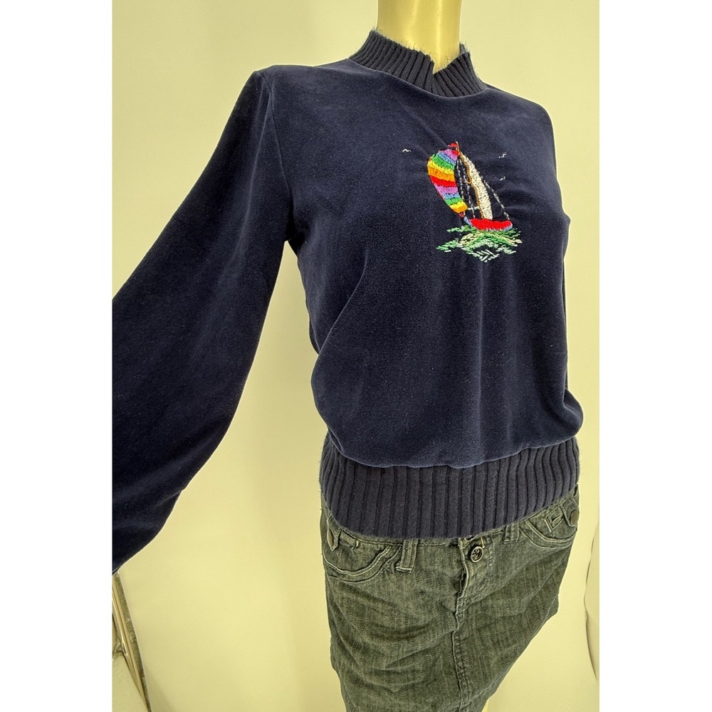 Vintage Sears 70s Velour Sailboat Sweater Navy Blue Rainbow Embroidery Small